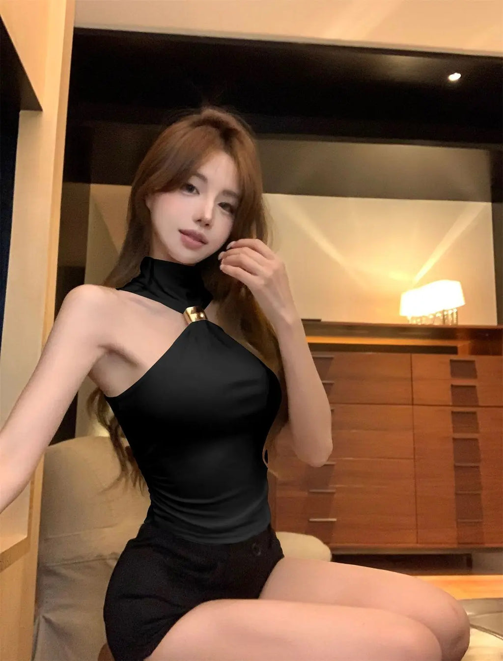 Hot Girl Design Metal Buckle Halter High Neck Vest Women's New Sexy Sleeveless Top