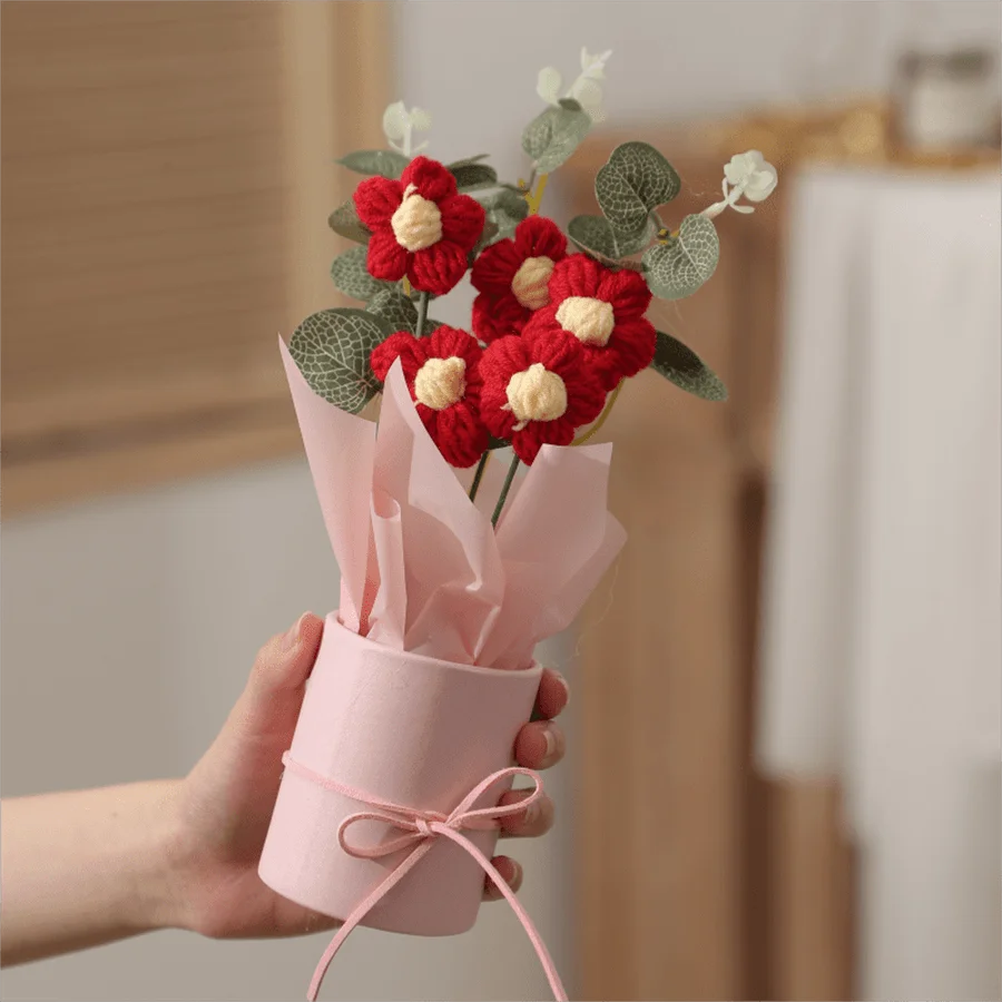 1pc Artifiical Folwer Bouquet Wool Puff Flower Bucket Home Furnishings Handmade Crochet Yarn Bouquet Valentine's Day Gift Home