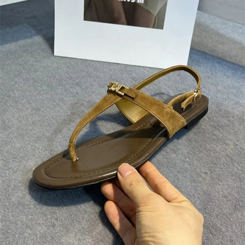 Genuine Leather Retro Clip Toe Roman Sandals Women Summer Fashion Flat Shoes Sexy T-Strap Flip Flops Casual Beach Slippers Women