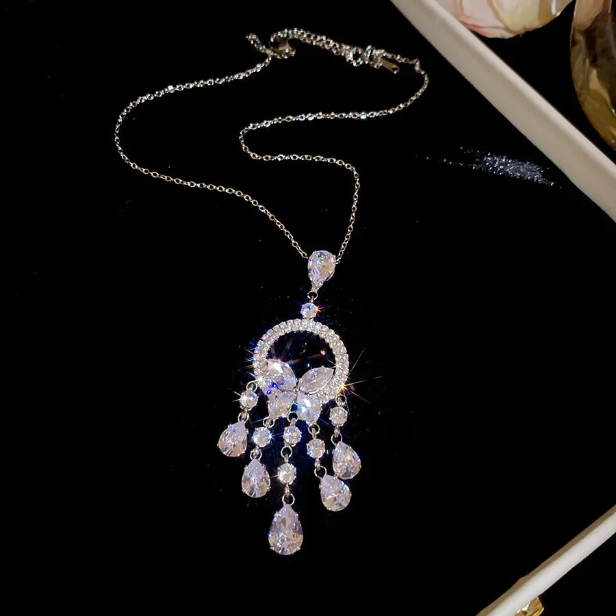 Inlaid Rhinestone Zircon Round Butterfly Jewelry Sets for Women 2025 Fashion Light Luxury High-end Wedding Earring Necklace Set