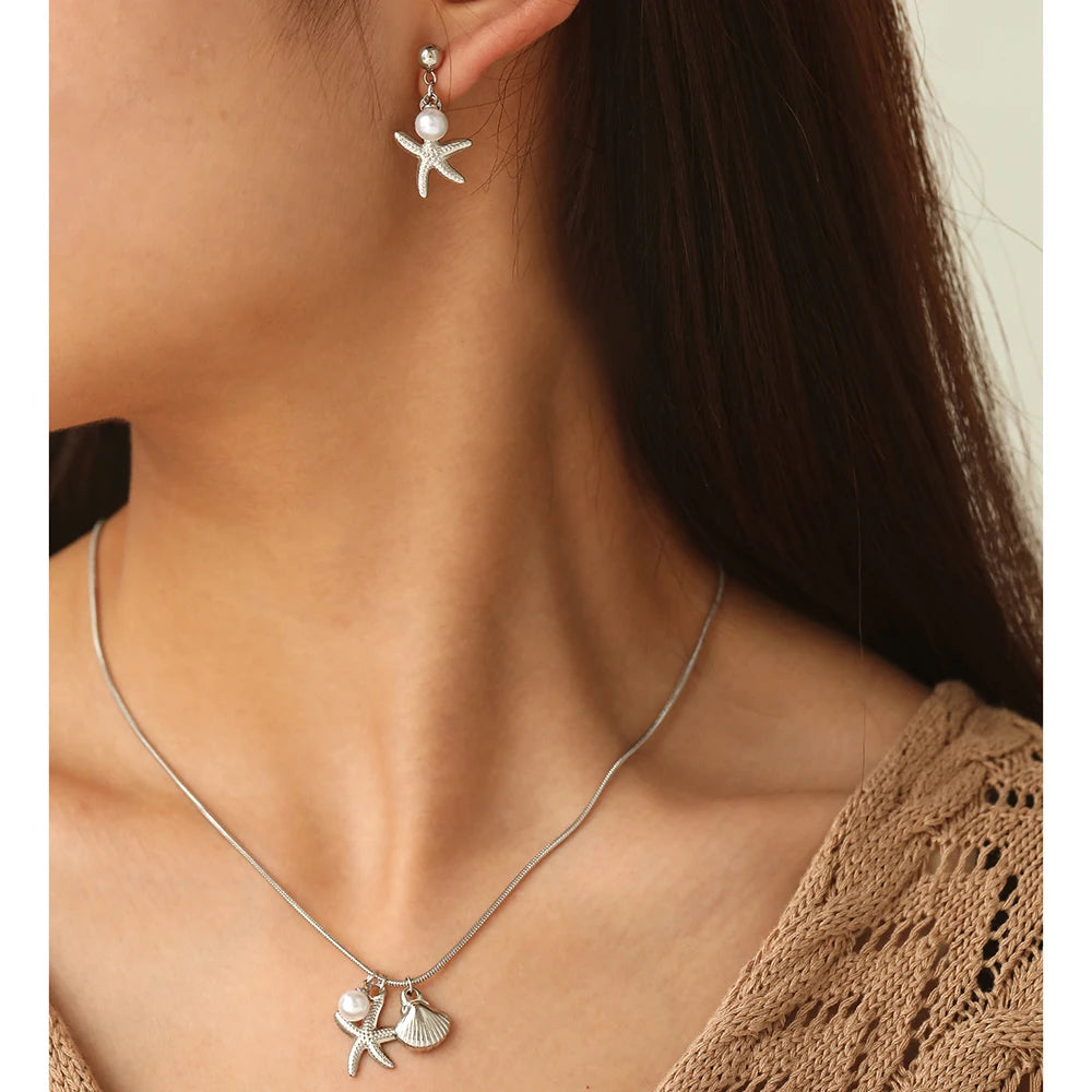 DOTIFI Stainless Steel Starfish Shell Faux Pearl Pendant Necklace Earrings Set Fashion Summer Beach Jewelry For Women Daily Wear