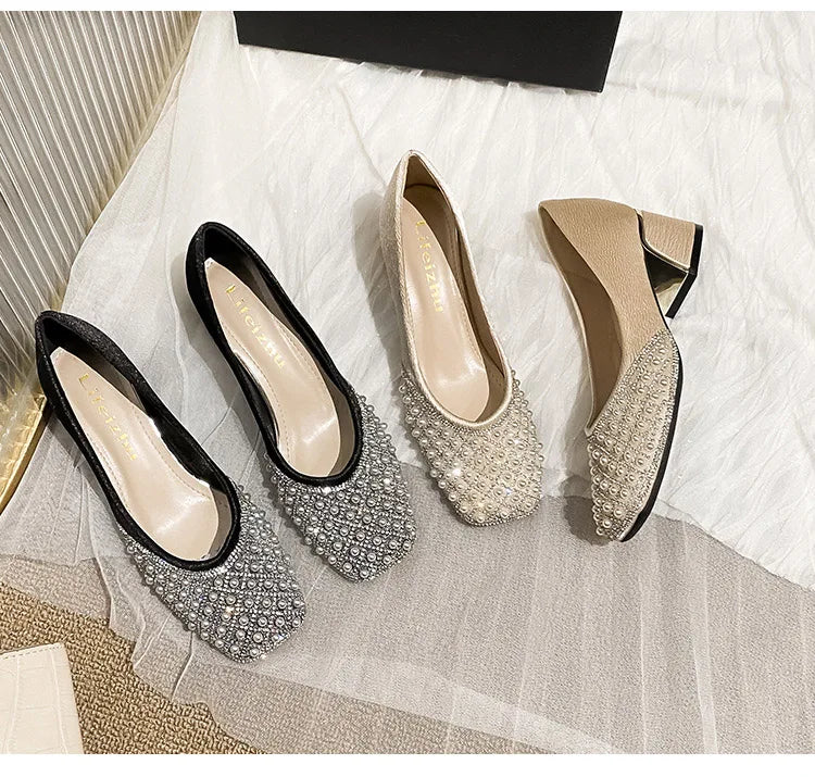 2025 Spring Summer Women Fashion Pumps New OL Party Square Casual High Heels Shoes Ladies Rhinestone Pearl Loafers 35-43
