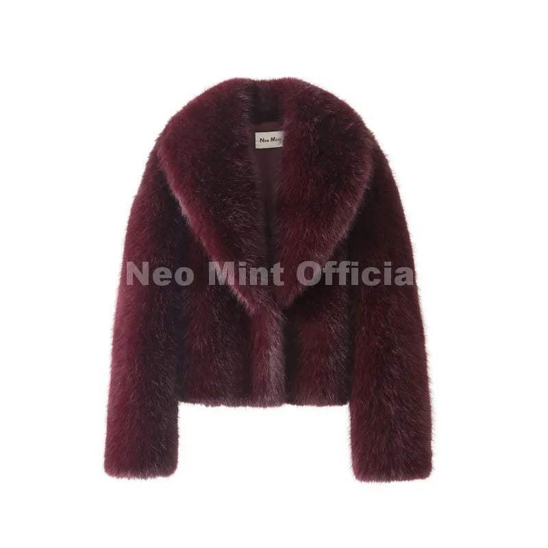 Neo Mint Winter 2025 Trendy Brown Obsession Cropped Shawl Collar Faux Fur Coat Women Jacket Chic Girls Brand Fox Fur Outerwear