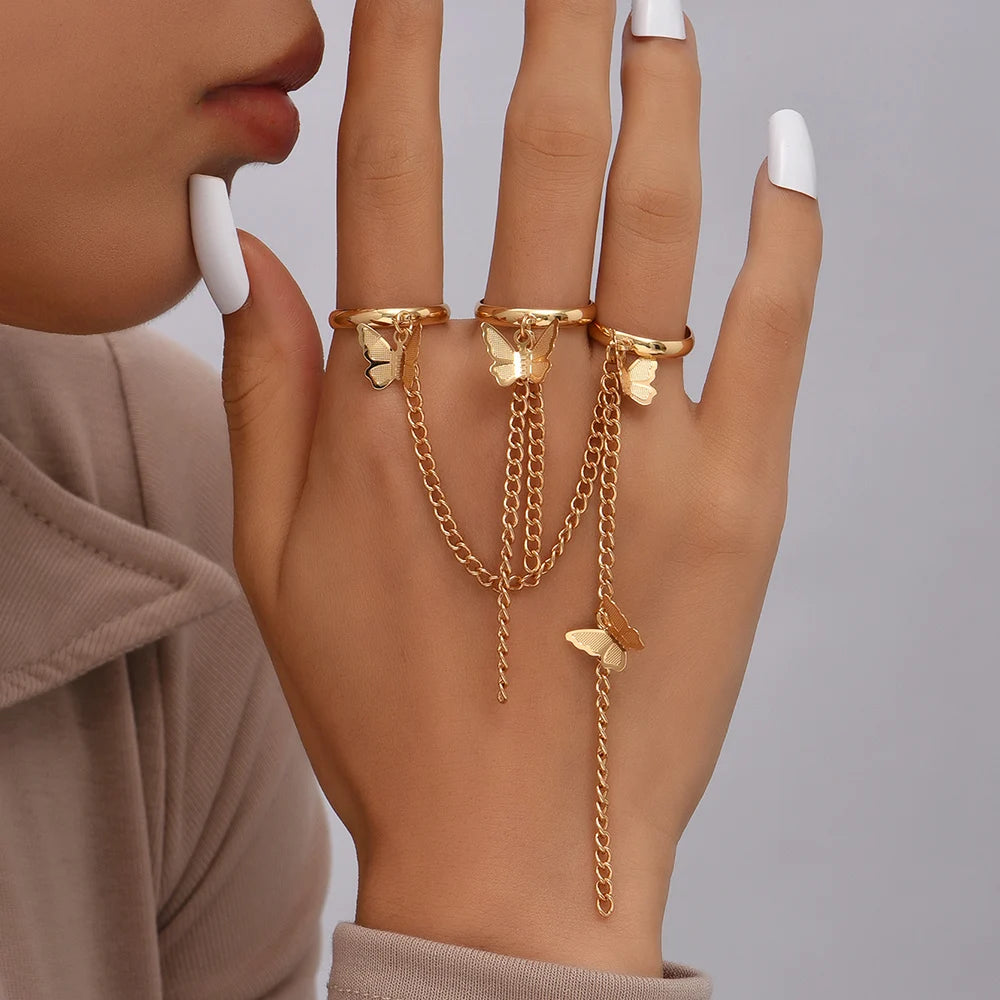 Simple Heart Pendant Chain Bracelet Link Connected Gold plated Wide Finger Ring Bracelets for Women Link Hand Harness Jewelry
