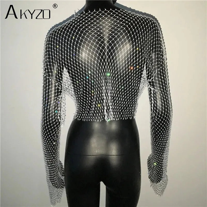 Autumn Women Sexy See Through Fishnet T Shirt Glitter Rhinestone Hollow Mesh Long Sleeve Crop Tops Nightclub Party Festival Top