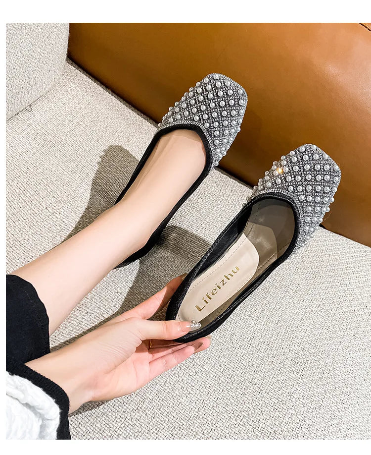 2025 Spring Summer Women Fashion Pumps New OL Party Square Casual High Heels Shoes Ladies Rhinestone Pearl Loafers 35-43