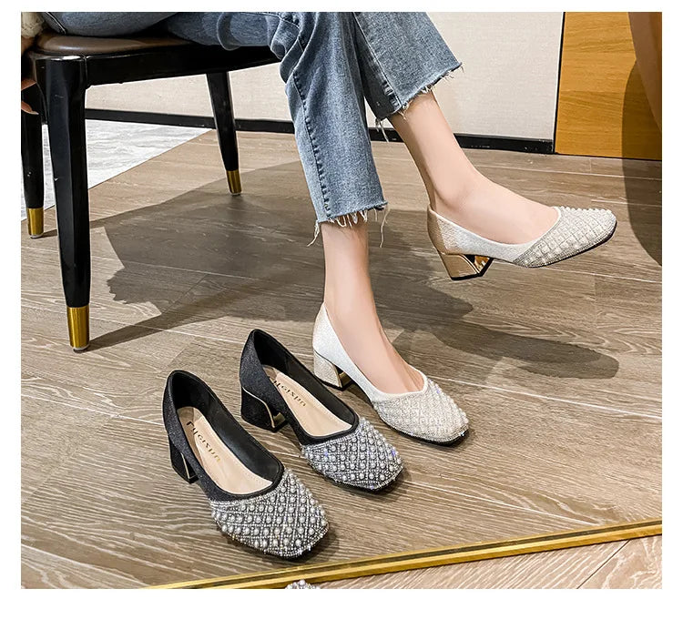 2025 Spring Summer Women Fashion Pumps New OL Party Square Casual High Heels Shoes Ladies Rhinestone Pearl Loafers 35-43