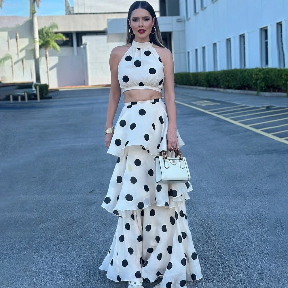 Tuularose Women's 2-Piece Long Sleeveless Polka Dot Dress Set with Ruffle Pleated Skirt Elegant O-Neck Top Sexy Ankle-Length Party Dress