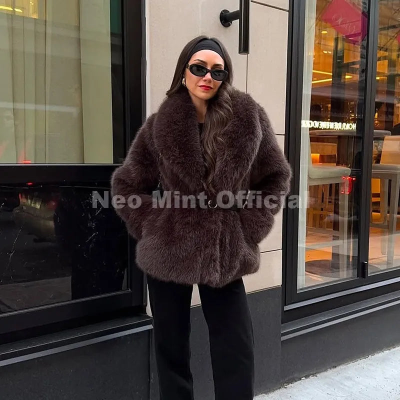Neo Mint 2025 Winter Hot Brown Belted Faux Fur Coat Women Thick Warm Long Fox Fur Jacket Chic Brand Fashion Girls Furry Overcoat