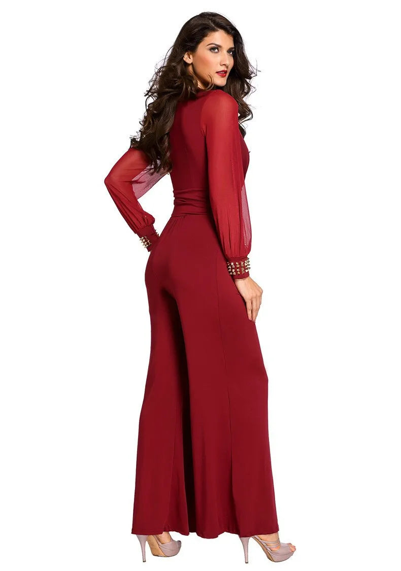 Fashion Deep V-neck Long-sleeved Waist Jumpsuit For Women Elegant Solid Color Lace Lantern Sleeves Loose Casual Jumpsuit Female