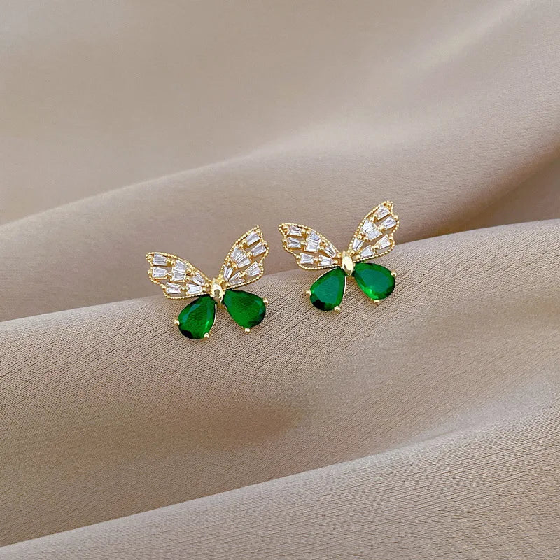 DIEYURO 316L Stainless Steel Steell Green Crystal Hollow Out Butterfly Necklace Earring Set For Women New Fashion Jewelry Gift
