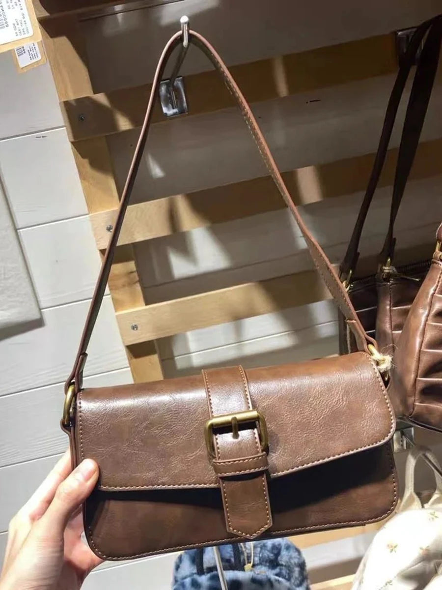 American Vintage Brown Pu Shoulder Bag Four Season High-Quality Buckle Decorate Ladies Handbag Streetwear Preppy Style Y2k Bags