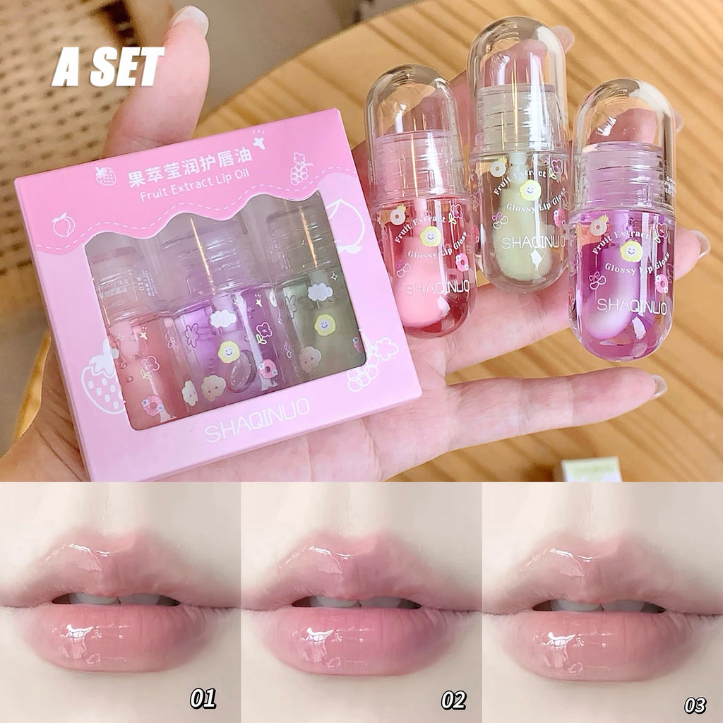 1/3Pcs Fruit Lip Oil Set Transparent Jelly Mirror Water Lip Gloss Nourishing Moisturising Anti-Dry Lips Plumping Makeup Lip Care