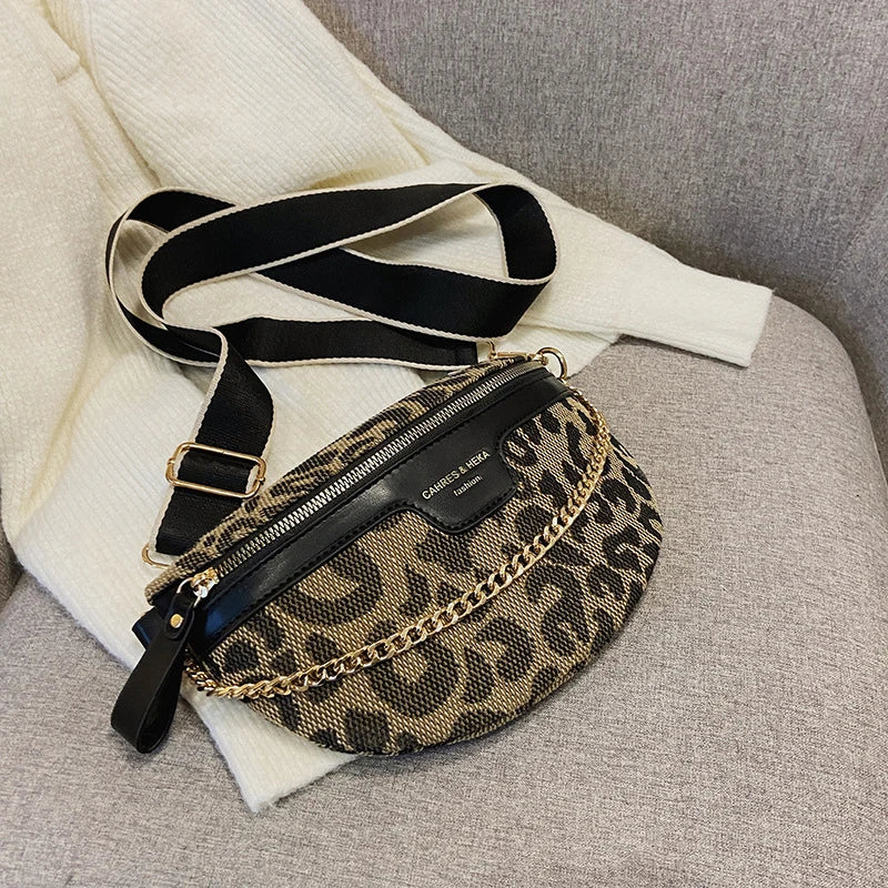 New Fashion Leopard Women Waist Bag Female Phone Purses Ladies Chest Wide Strap Crossbody Shoulder Bags Small Chain Fanny Packs