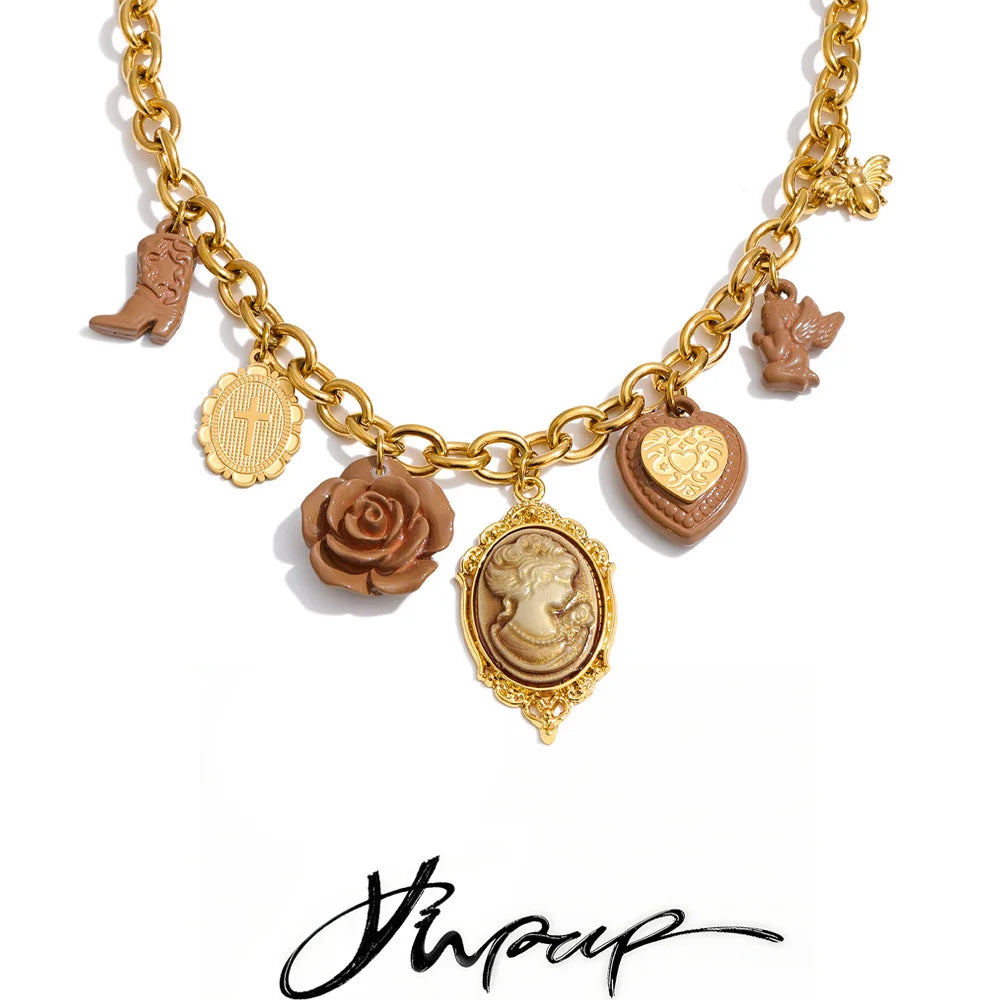 Yhpup New Arrivals Resin Flower Heart Portrait Drop Statement Necklace for Women 18K Golden PVD Plated Charm Exclusive Jewelry