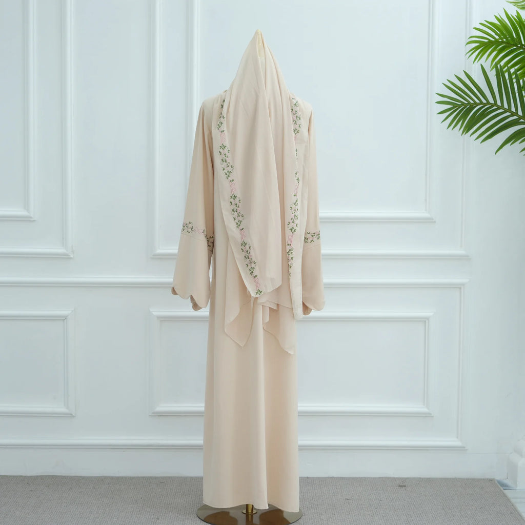 Embroidery Open Abaya and Hijab 2 Piece Set Muslim Dress Abayas for Women Dubai Luxury Islamic Clothing Kaftan Robe Ramadan Eid