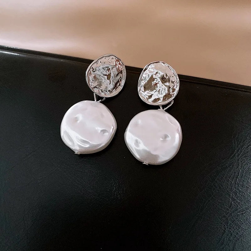 Metal Color Irregular Geometric Wrinkle Simulated Pearl  Alloy Drop Earrings For Women Dangle Earrings Jewelry Accessories Gifts
