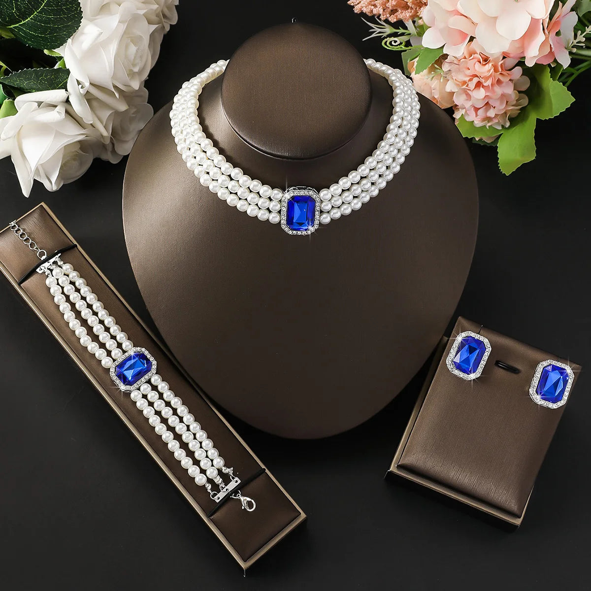 4PC Women's Fashion Light Luxury Short Style Imitation Pearl Turquoise Necklace Earrings Bracelet Jewelry Set Party Festival Gif