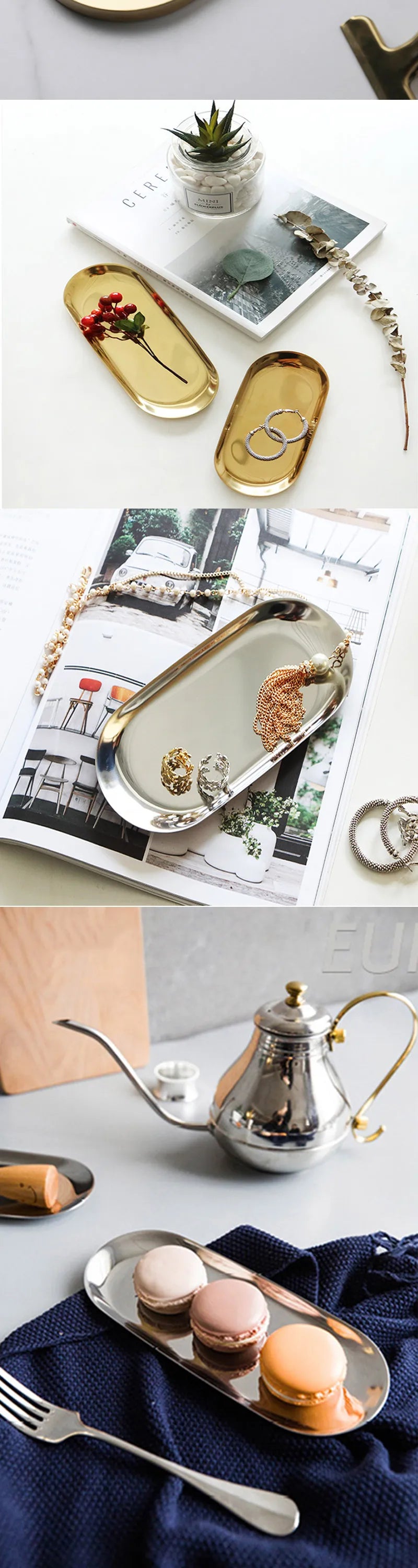 Stainless Steel European Oval Gold Tray Thickened Western Food Dessert Single Layer Flat Tray Jewelry Item Multi-Purpose Storage