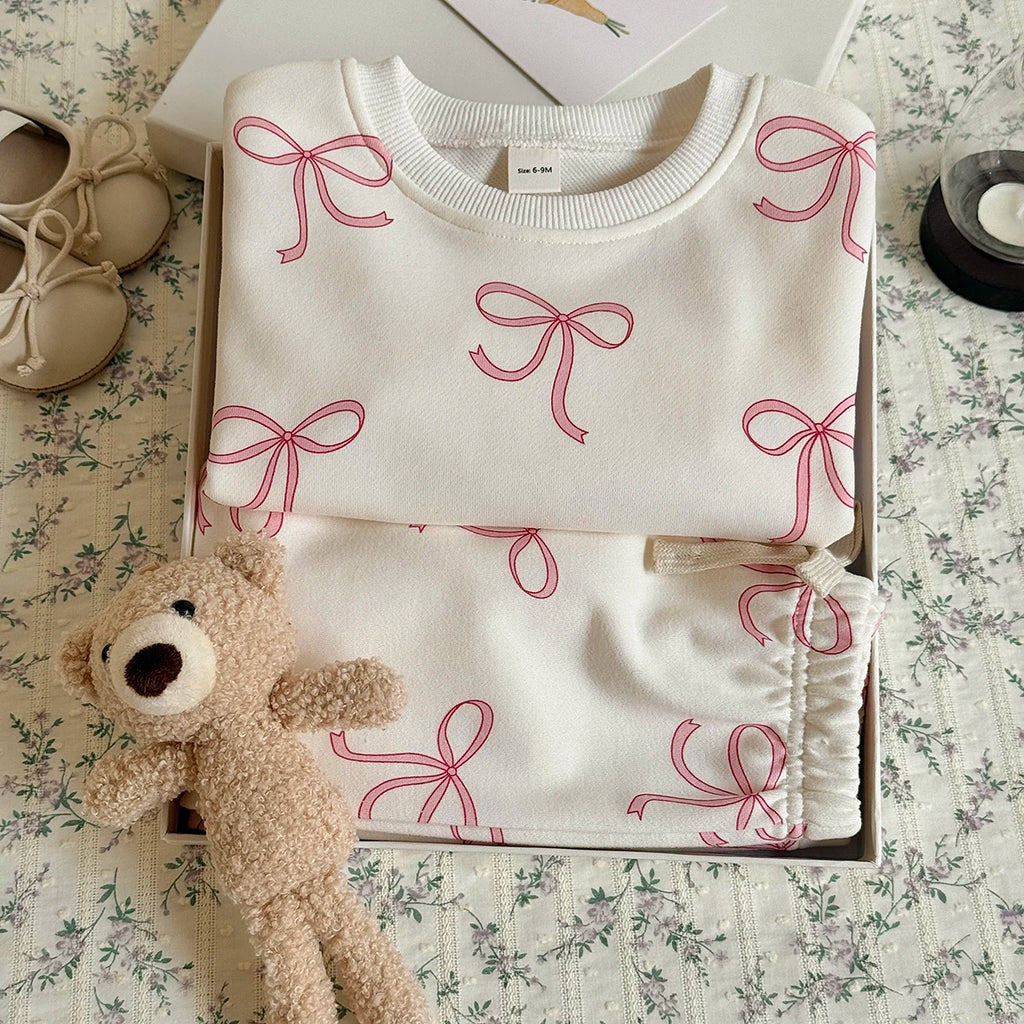 2PCS Spring Autumn New Comfortable Sweet Cute Bow Print Long Sleeves O-neck Pullover+Pant Baby Clothes for Newborn