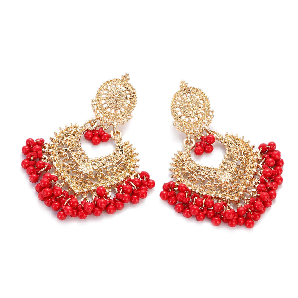 Boho Gold Color Heart Shape Carved Flower Dangle Earrings for Women Indian Jhumka Earrings