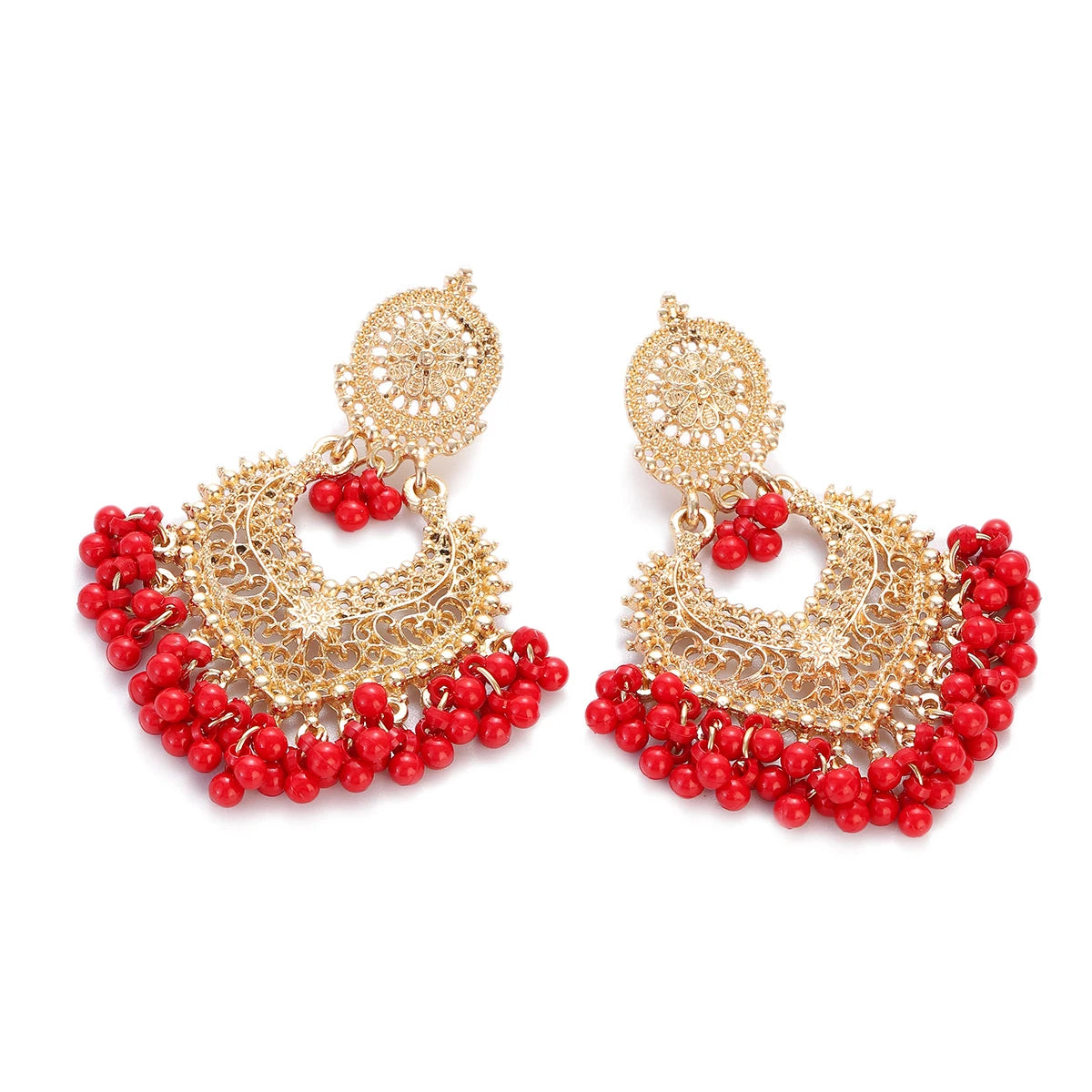 Boho Gold Color Heart Shape Carved Flower Dangle Earrings for Women Indian Jhumka Earrings