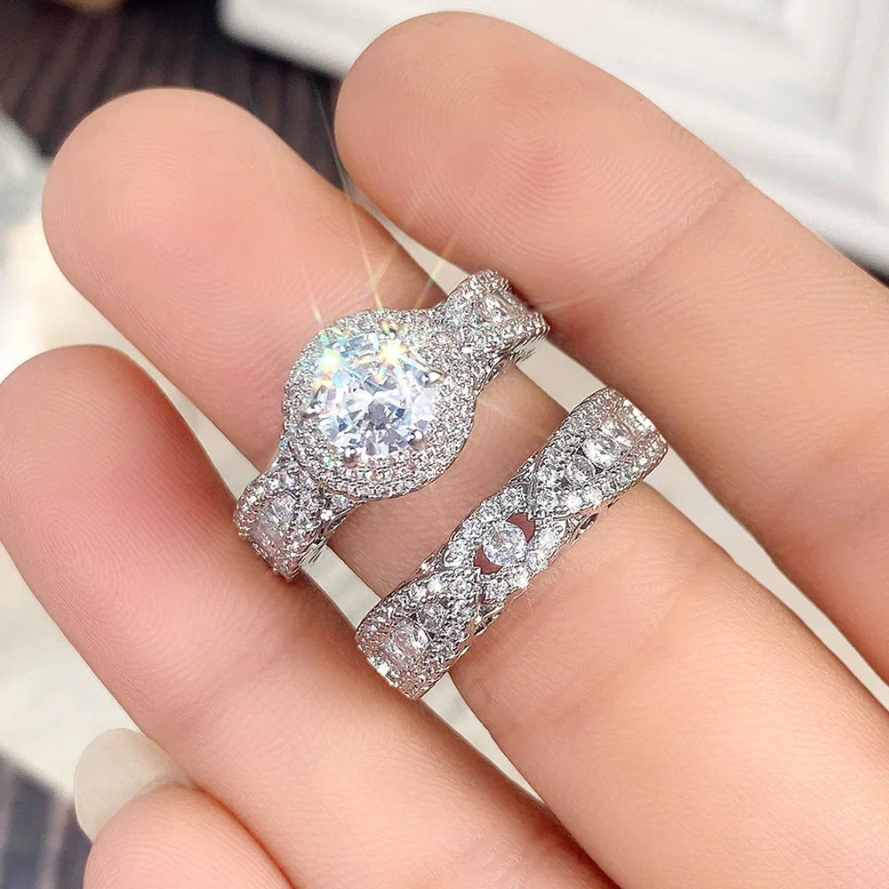 Huitan Set Lady Rings Luxury Wedding Engagement Party Finger Accessories Inlaid Shining Cubic Zirconia Graceful Fashion Jewelry