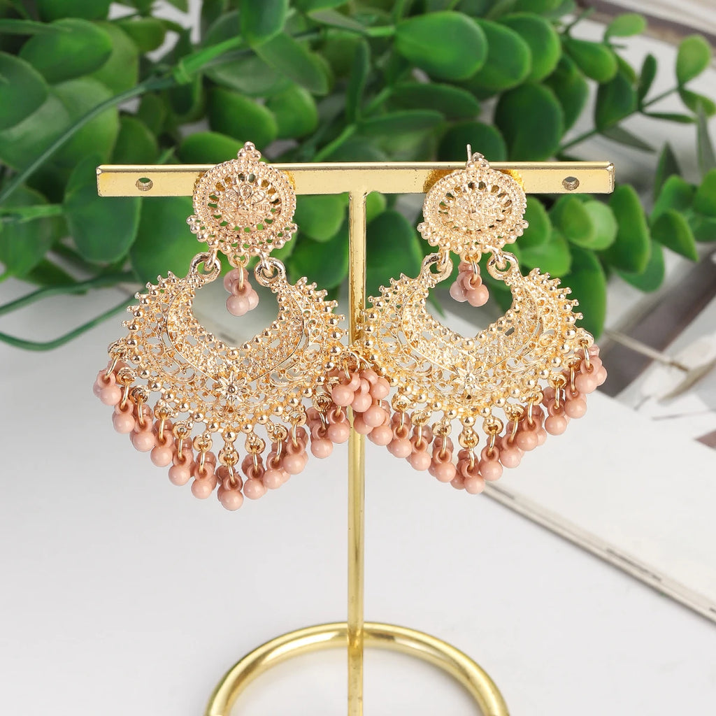 Boho Gold Color Heart Shape Carved Flower Dangle Earrings for Women Indian Jhumka Earrings