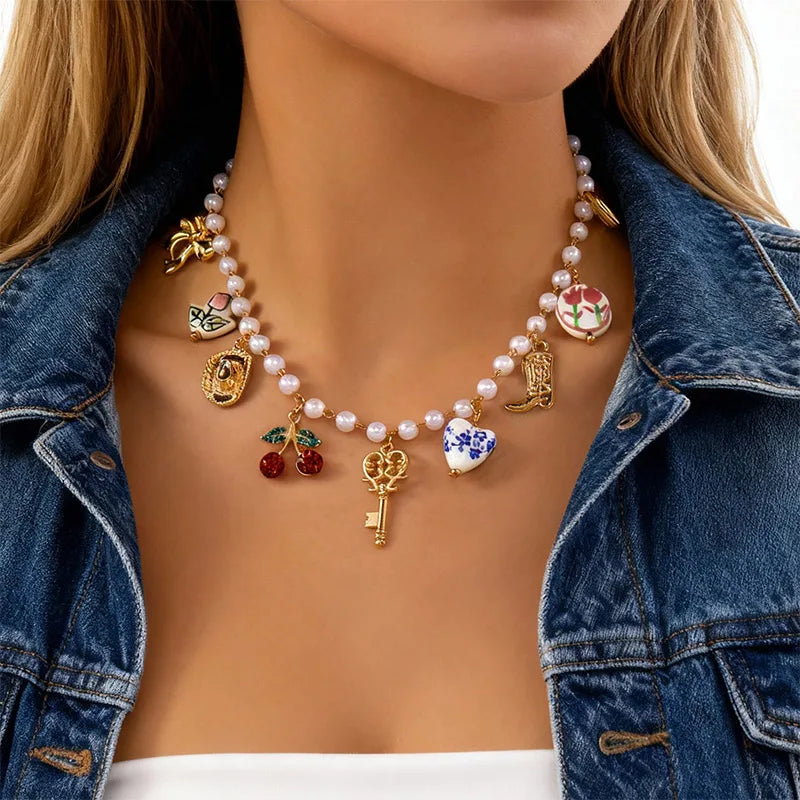 2026 Fashion Charm Cherry Heart Pendant Necklace for Women Red Strawberry Bow Pearl Clavicle Chain Aesthetic Party Jewelry