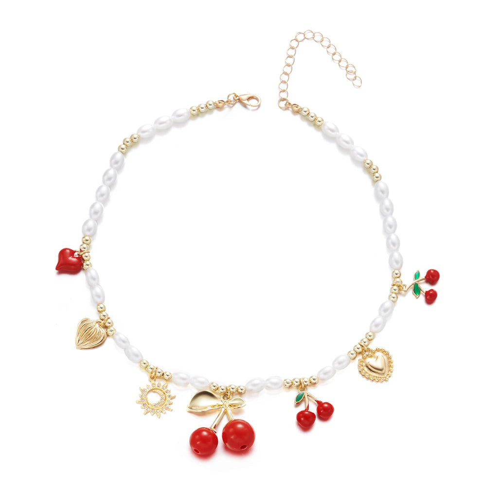 Dainty Sweet Fruit Cherry Heart Charms Pendant Necklace For Women Elegant Imitation Pearl Choker Neck Chain Jewelry Party Gift