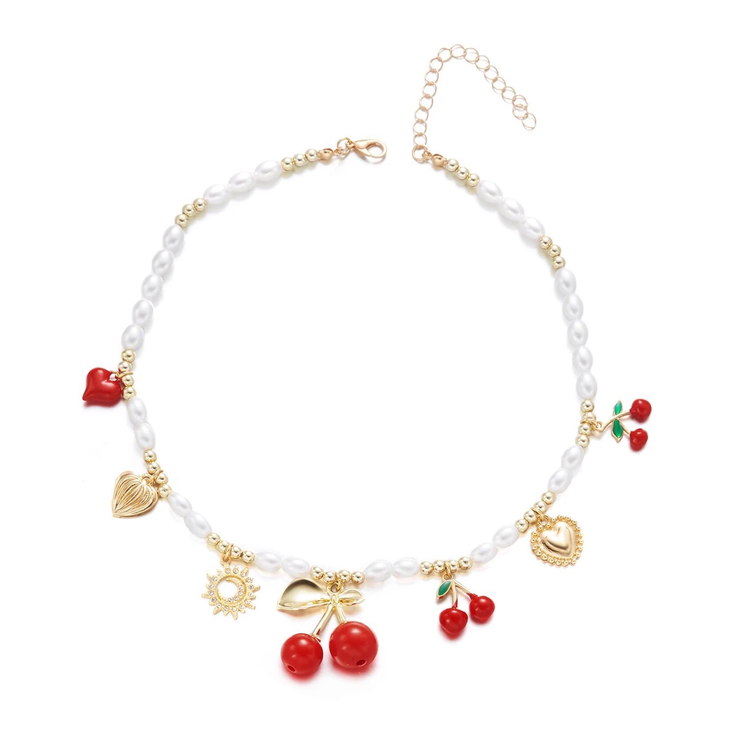 Dainty Sweet Fruit Cherry Heart Charms Pendant Necklace For Women Elegant Imitation Pearl Choker Neck Chain Jewelry Party Gift