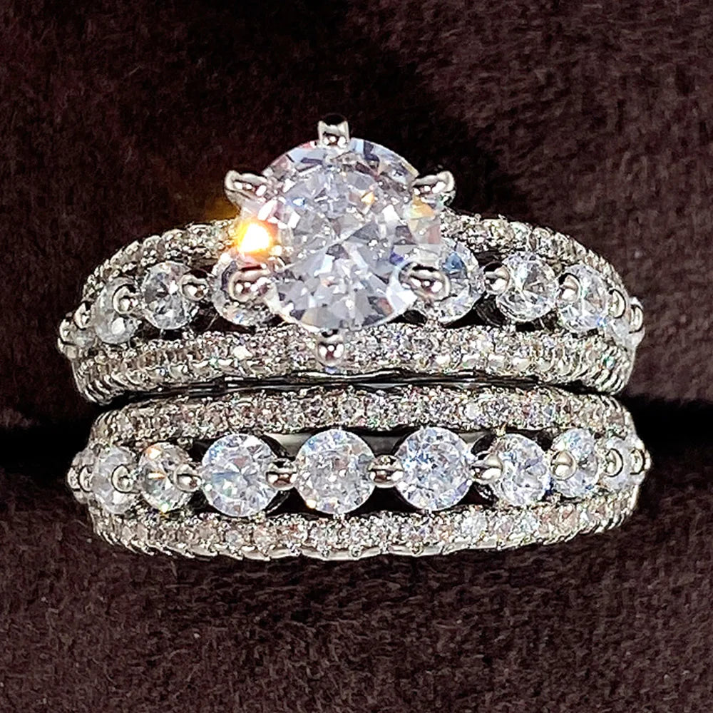 Huitan Set Lady Rings Luxury Wedding Engagement Party Finger Accessories Inlaid Shining Cubic Zirconia Graceful Fashion Jewelry