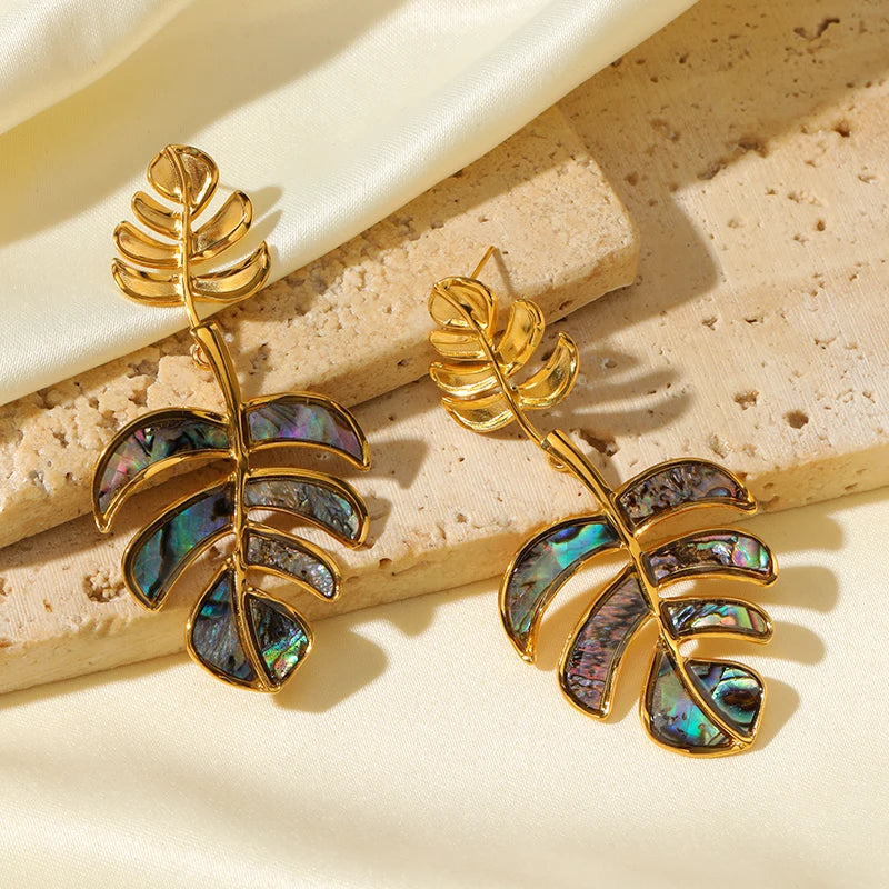 EILIECK 316L Stainless Steel Palm Leaves Drop Dangle Earrings Stylish Trendy Waterproof 18K PVD Plated Metal Jewelry for Women