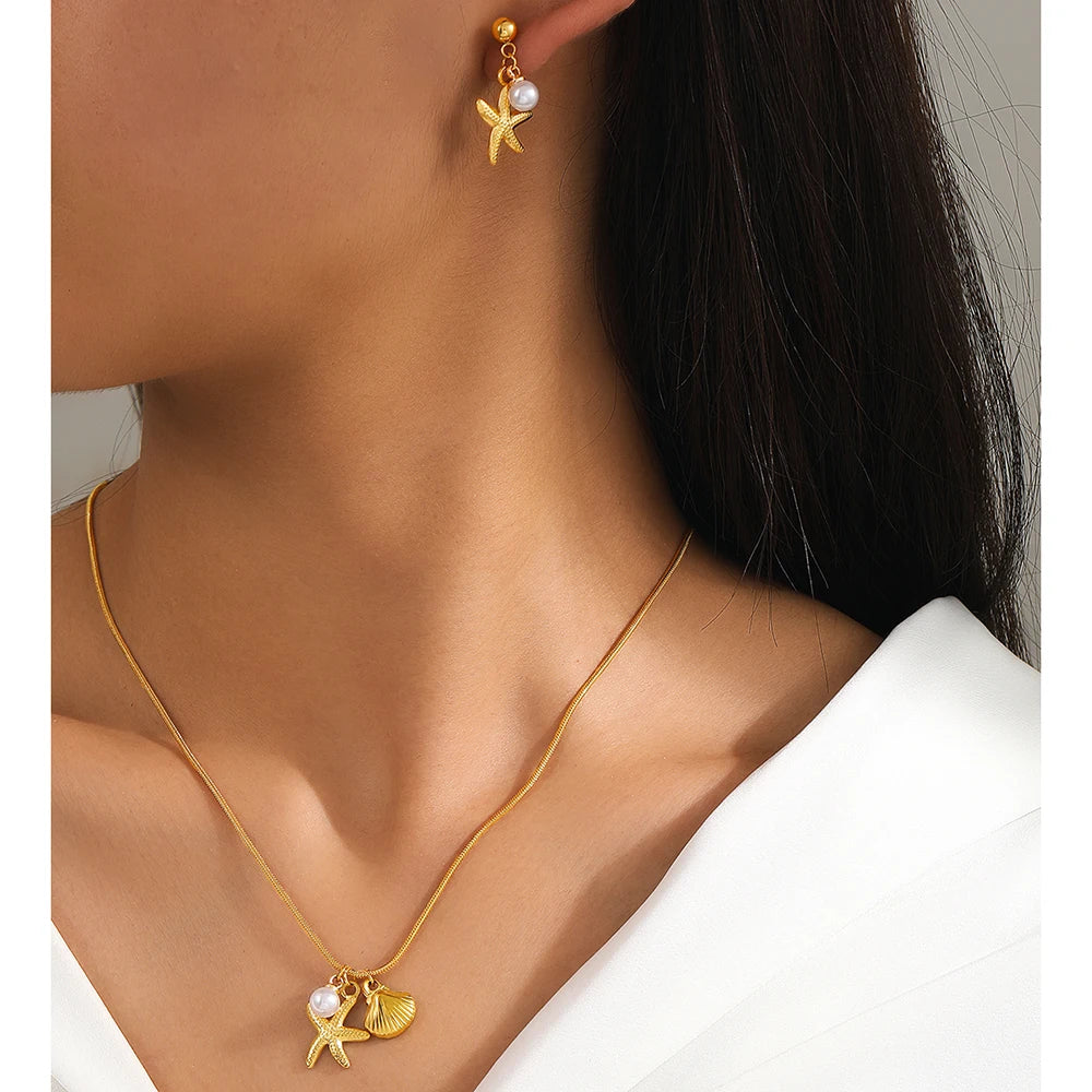 DOTIFI Stainless Steel Starfish Shell Faux Pearl Pendant Necklace Earrings Set Fashion Summer Beach Jewelry For Women Daily Wear