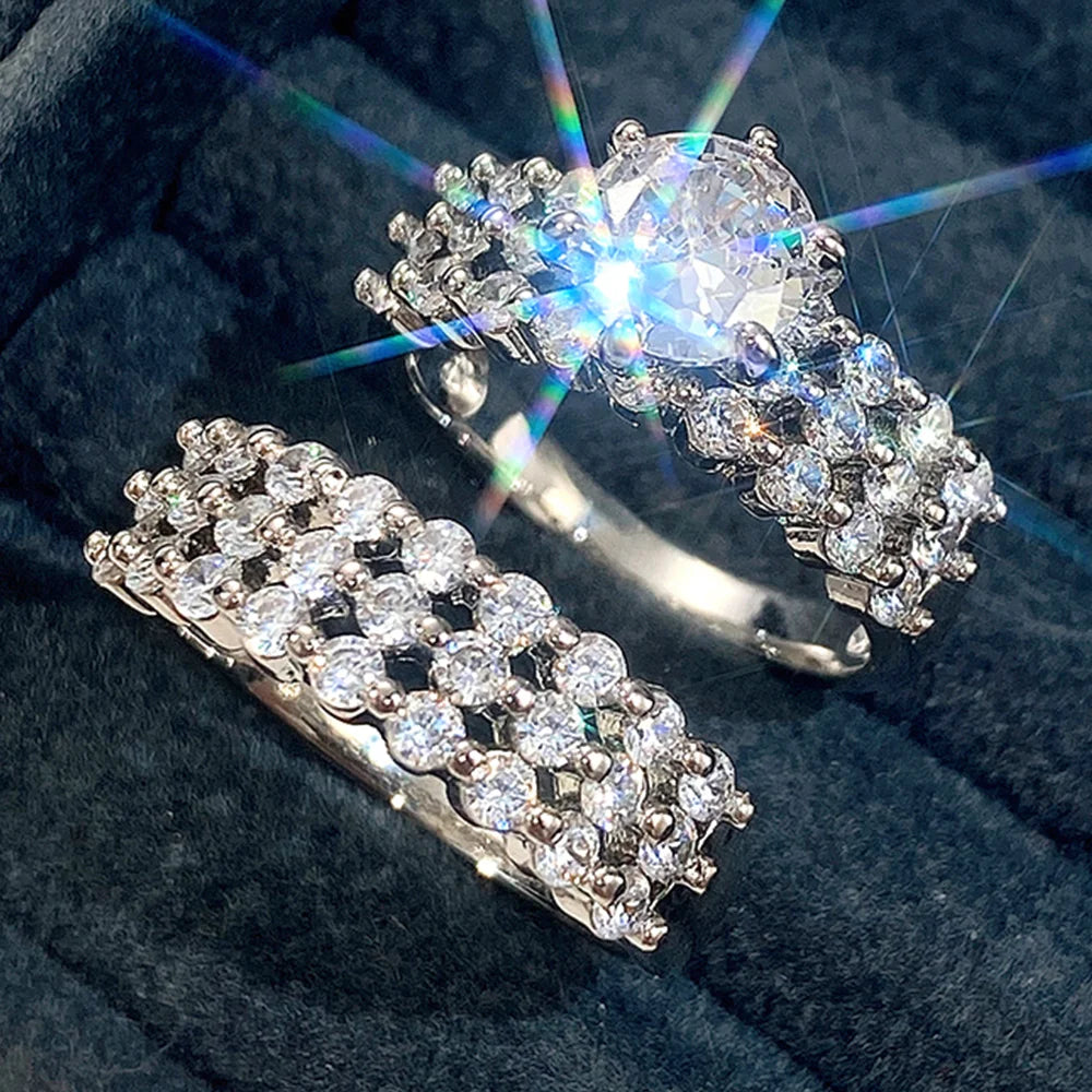 Huitan Set Lady Rings Luxury Wedding Engagement Party Finger Accessories Inlaid Shining Cubic Zirconia Graceful Fashion Jewelry
