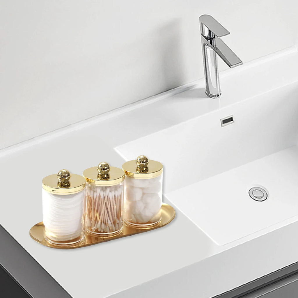2/3 Pack Qtip Holder Bathroom Set with Golden Tray Organizer Acrylic Plastic Apothecary Jars Qtip Dispenser Canister with Lid