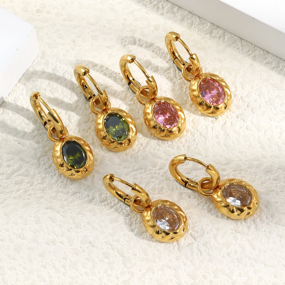 E.B.belle Colorful Zircon Stone Hoop Earring Hammered Pattern Oval Earrings Stainless Steel Gold Plated For Women's Gift