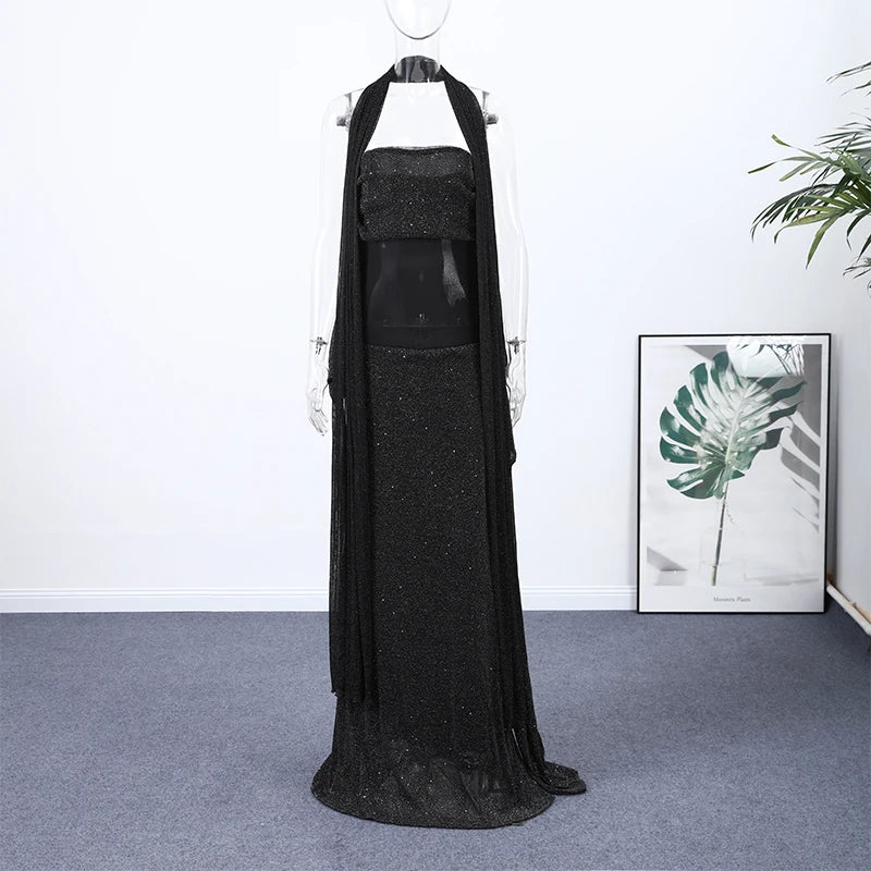 Elegant Ribbon Sequined Long Knotted Dress Sleeveless Strapless See Through Pleated Dresses 2026 Spring Lady Party Evening Robes