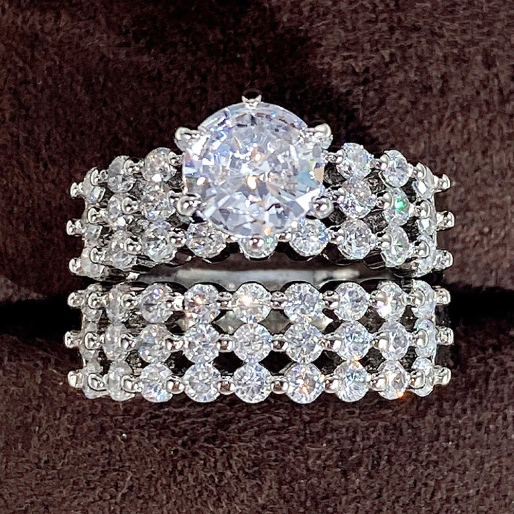 Huitan Set Lady Rings Luxury Wedding Engagement Party Finger Accessories Inlaid Shining Cubic Zirconia Graceful Fashion Jewelry