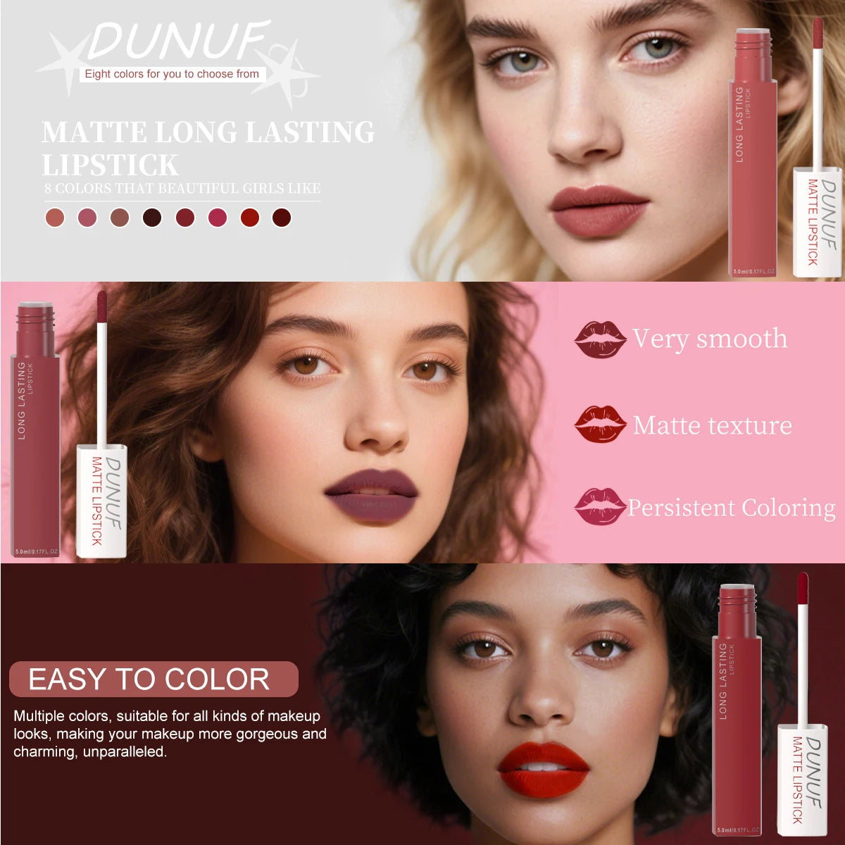 DUNUF 8 pcs matte color lasting lip gloss set three-dimensional plastic lips waterproof anti-sweat non-stick cup lipstick set