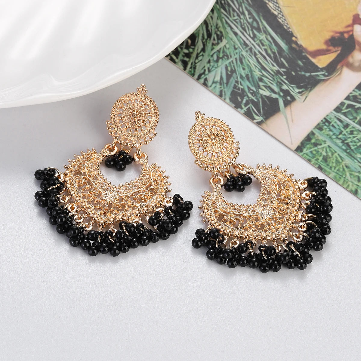 Boho Gold Color Heart Shape Carved Flower Dangle Earrings for Women Indian Jhumka Earrings