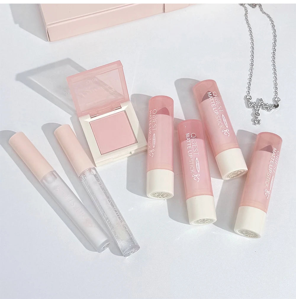 7Pcs/Box Makeup Sets 4PCS Velvet Nude Liquid Lipstick,1 Lip Cream,1 Lip Oil,1 Face Blush Palette And Necklace Gift Cosmetic Kits