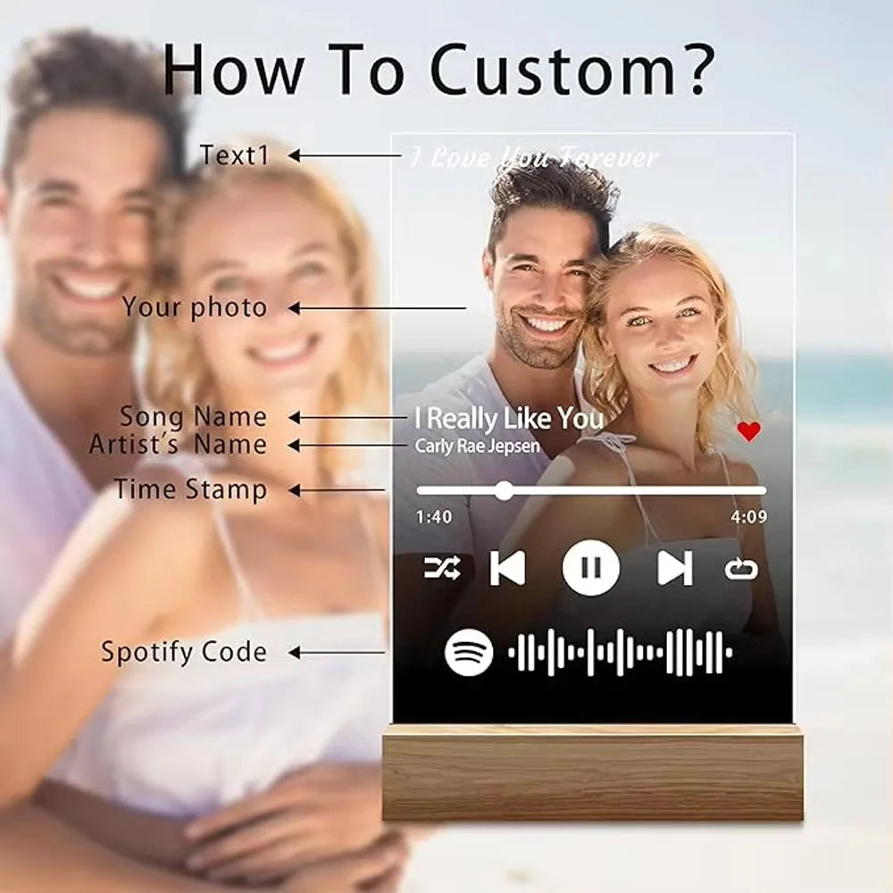 Customized Spotify Music Plaque Gifts For Anniversary Valentine Day Personalized Acrylic Photo Frame Lamp Copule Romantic Gifts