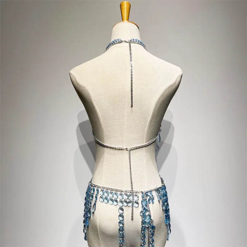 Luxury Blue Beaded Bikini Music Rave Party Body Chain Jewelry Bridal Wedding Accessories Fringe Crystal Mermaid Bra Top & Skirt