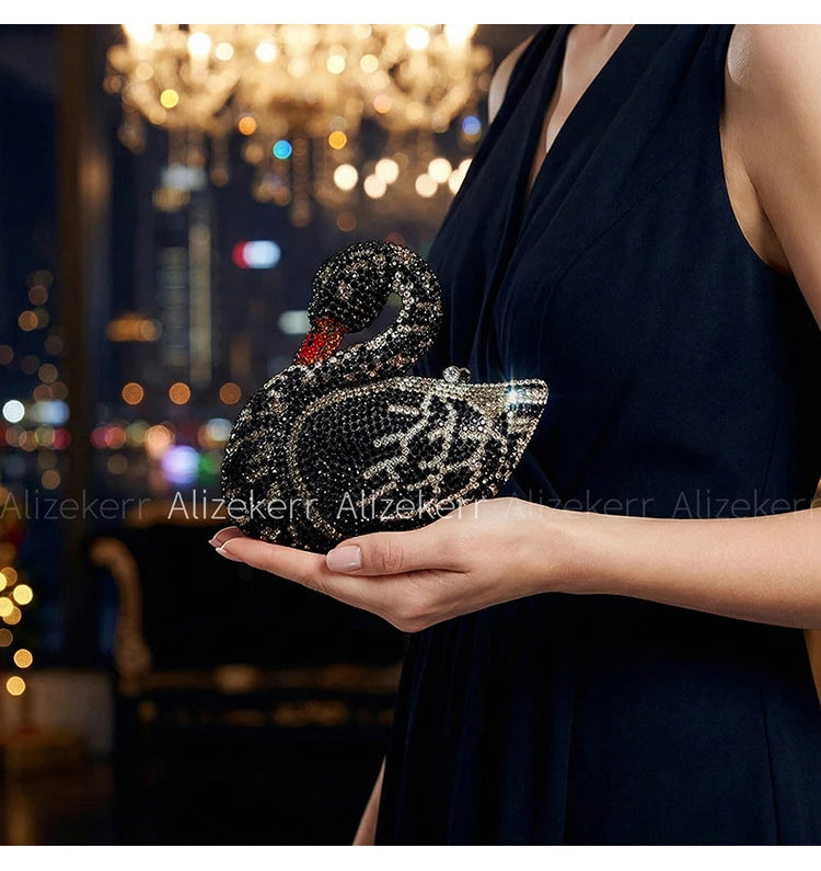 Alizekerr Swan Shaped Diamond Evening Bags New Gorgeous Sparkling Rhinestone Metallic Clutch Purses And Handbags Wedding Party