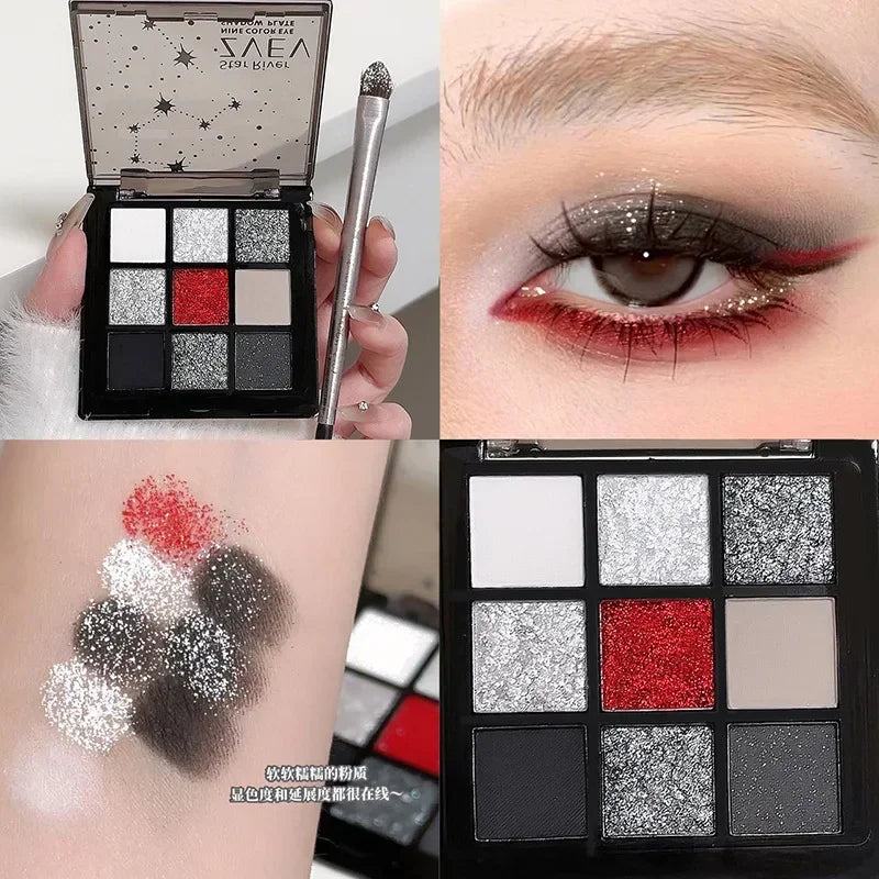 9 Colors Smoky Black Red Eye Shadow Palette Sweet Cool Eyeshadow Long Lasting Shimmer Eyes Makeup Dark Pressed Glitter Eyeshadow
