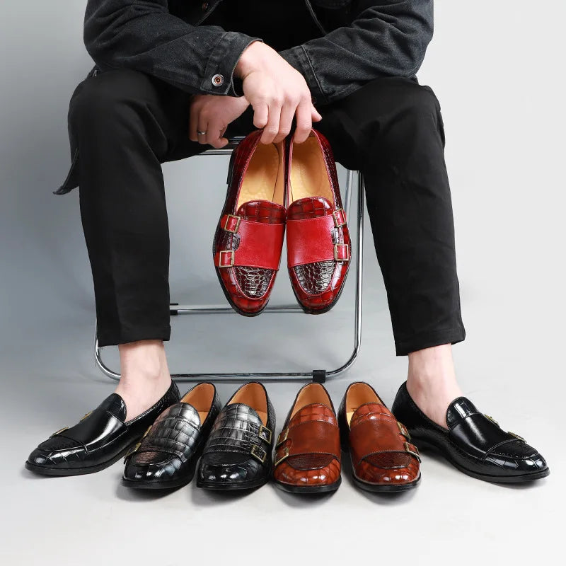 Mens Loafers Shoes Luxury Double Monk Strap Men Dress Shoes Patent Leather Designer Shoes Men High Quality Office 2025 Business
