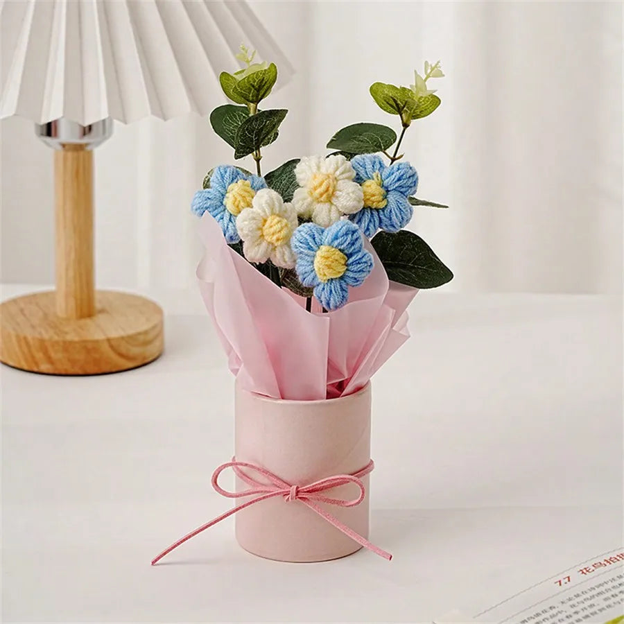 1pc Artifiical Folwer Bouquet Wool Puff Flower Bucket Home Furnishings Handmade Crochet Yarn Bouquet Valentine's Day Gift Home
