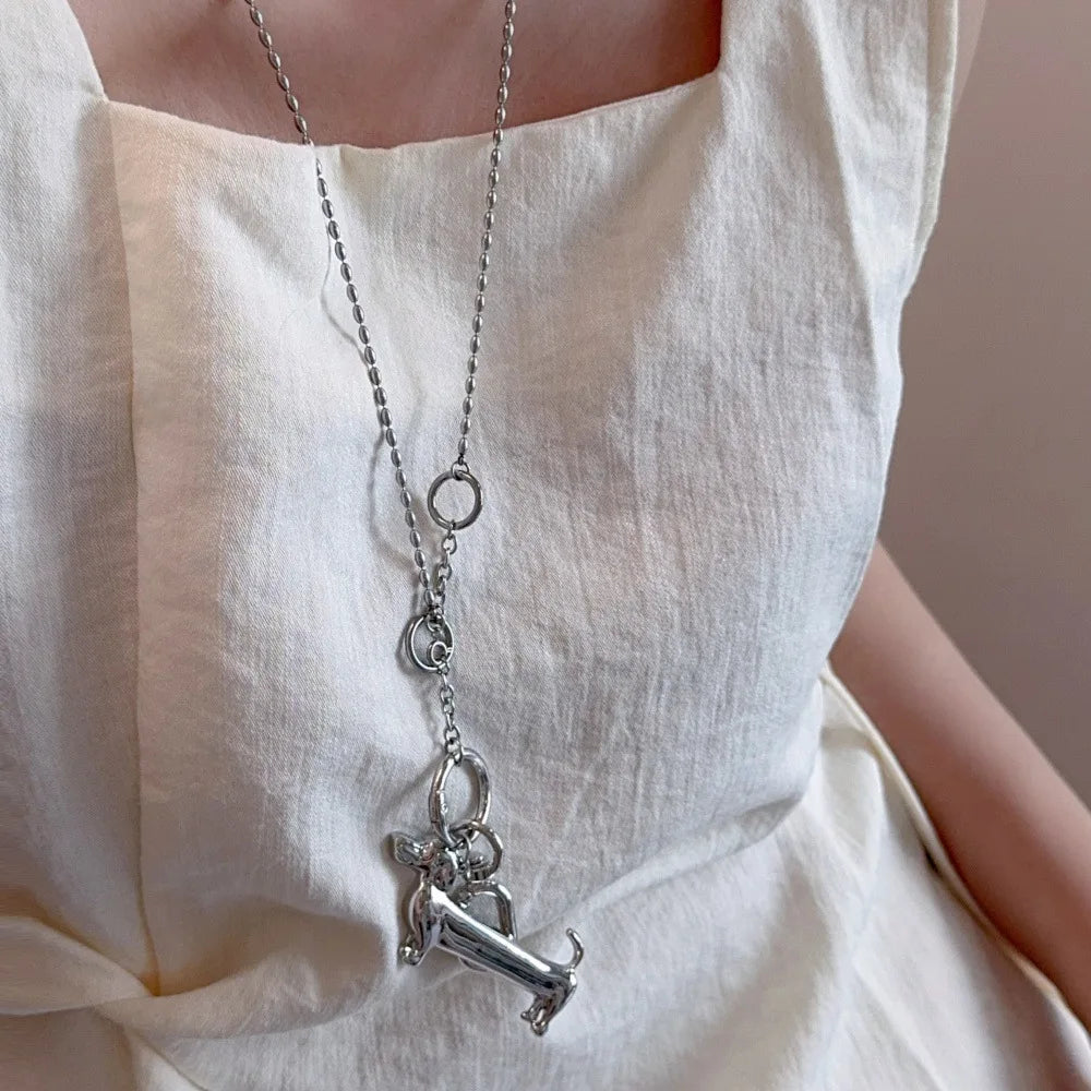 Minar Unique Design Smooth Surface Dachshund Cartoon Dog Pendant Necklaces for Women Silver Plated Long Beads Sweater Chain