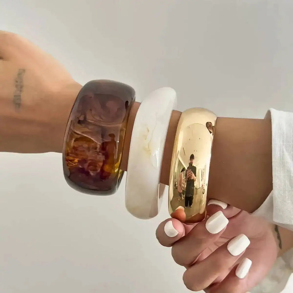IngeSight.Z 3 Styles Trendy Exaggerated Resin Wide Bangles for Women Punk Gold Color Geometric Heavy Metal Bracelets Men Jewelry